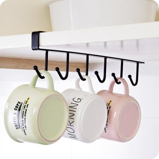 6 Hooks Cup Holder Hang Storage Bathroom Kitchen Organization Tool Cabinet Door Hook Wall Mount Home Holder Hook Hanger