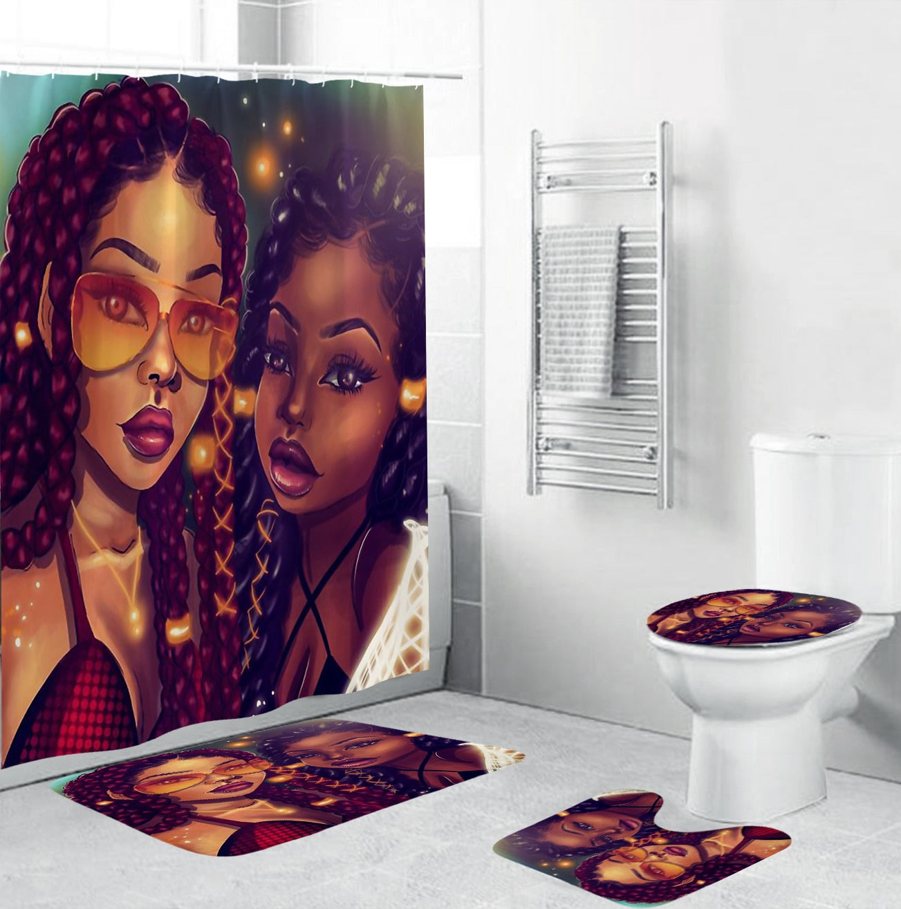 Black Art Afro Mom and Daughter Bathroom Curtains African American Women Shower Curtain Toilet Cover Mat Non-Slip Bath Rug Set
