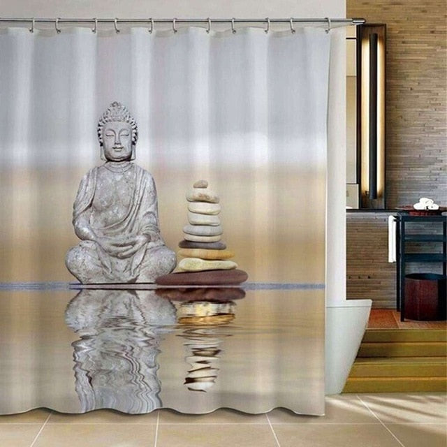 Water Buddha Stone Printed Bathroom Shower Curtains Pedestal Rug Lid Toilet Cover Mat Shower Bath Set Waterproof Rug w/12 Hooks