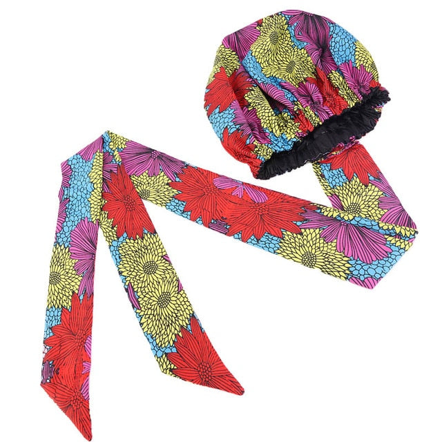 African pattern satin linned bonnet With Long Ribbon headwrap Double Layer Headwrap headscarf Ankara Big Size Women Hair Cover