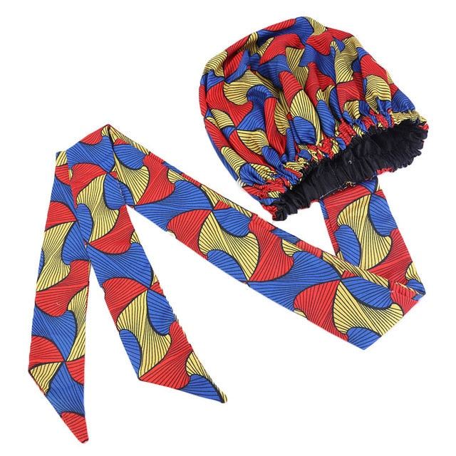 African pattern satin linned bonnet With Long Ribbon headwrap Double Layer Headwrap headscarf Ankara Big Size Women Hair Cover