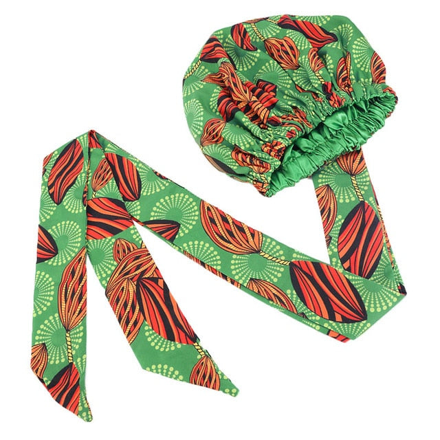 African pattern satin linned bonnet With Long Ribbon headwrap Double Layer Headwrap headscarf Ankara Big Size Women Hair Cover