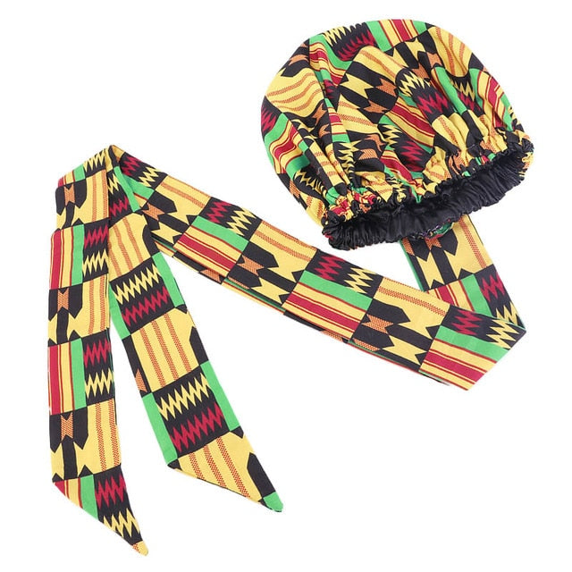 African pattern satin linned bonnet With Long Ribbon headwrap Double Layer Headwrap headscarf Ankara Big Size Women Hair Cover