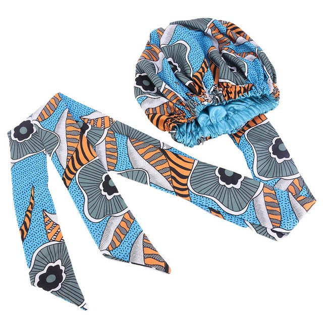 African pattern satin linned bonnet With Long Ribbon headwrap Double Layer Headwrap headscarf Ankara Big Size Women Hair Cover