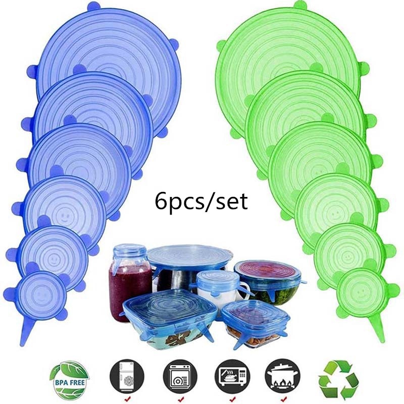 6pcs Silicone Caps Silicone Food Lids Adaptable Silicone Caps Silicone Cap  Elastic Silicone Food Cover Cookware Bowl Reusable