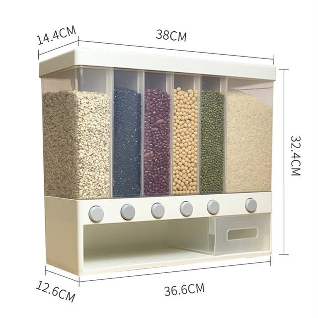 Wonderlife 10KG Wall Mounted Divided Rice and Cereal Dispenser 6 Moisture Proof Plastic Automatic Racks Sealed Food Storage Box