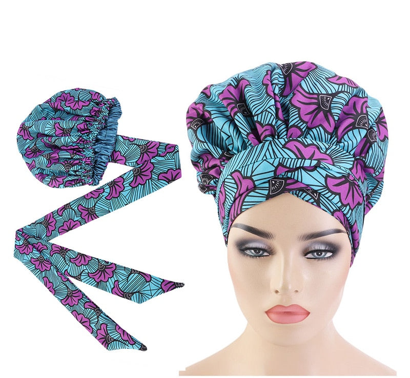 African Print Satin Bonnet With Long Ribbon Wrap Double Layer Headwrap Ankara Pattern Women Hair Cover Large Size Hair Wrap Cap