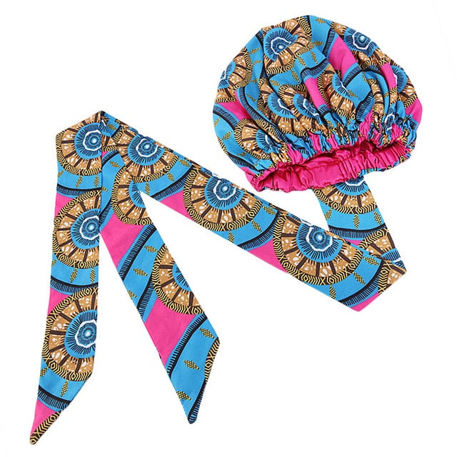 African Print Satin Bonnet With Long Ribbon Wrap Double Layer Headwrap Ankara Pattern Women Hair Cover Large Size Hair Wrap Cap