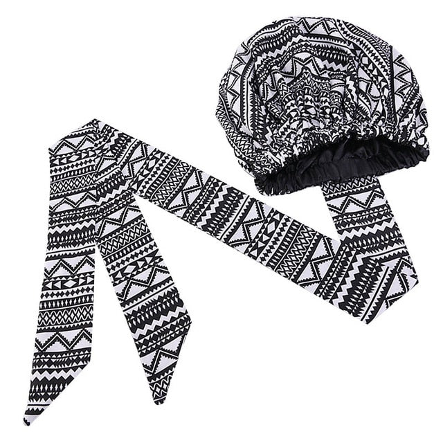 African Print Satin Bonnet With Long Ribbon Wrap Double Layer Headwrap Ankara Pattern Women Hair Cover Large Size Hair Wrap Cap