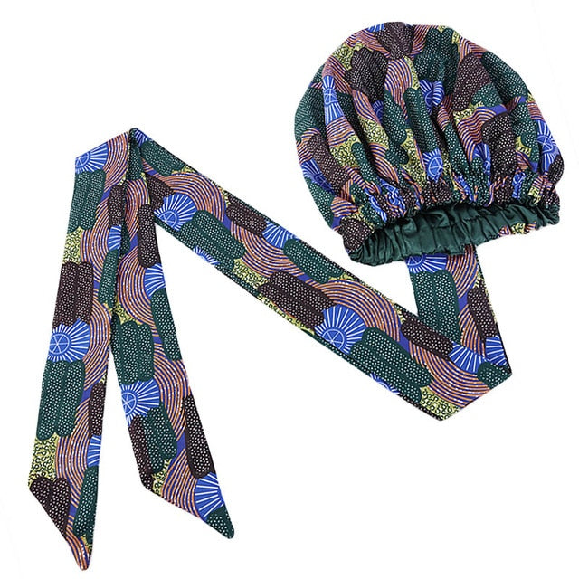 African Print Satin Bonnet With Long Ribbon Wrap Double Layer Headwrap Ankara Pattern Women Hair Cover Large Size Hair Wrap Cap