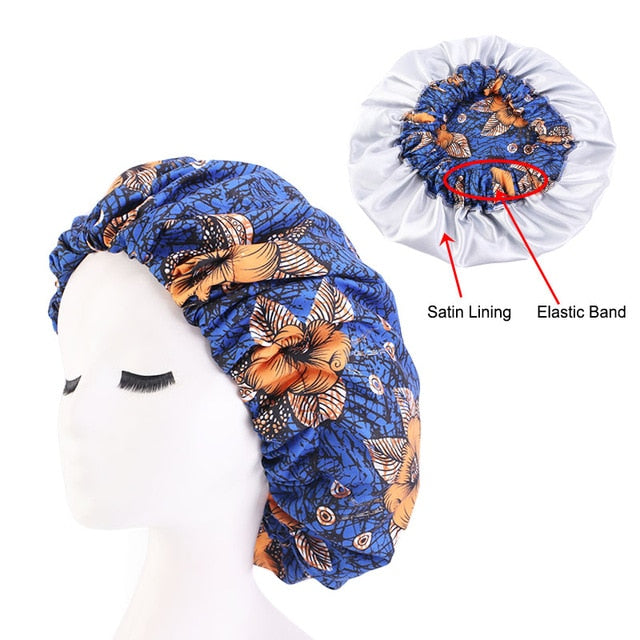 African Print Satin Bonnet With Long Ribbon Wrap Double Layer Headwrap Ankara Pattern Women Hair Cover Large Size Hair Wrap Cap