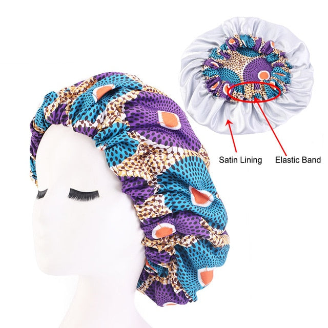 African Print Satin Bonnet With Long Ribbon Wrap Double Layer Headwrap Ankara Pattern Women Hair Cover Large Size Hair Wrap Cap