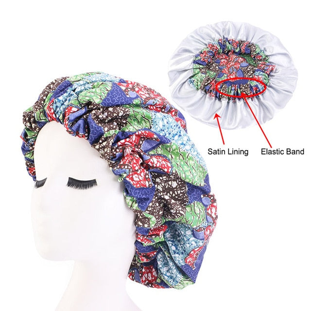 African Print Satin Bonnet With Long Ribbon Wrap Double Layer Headwrap Ankara Pattern Women Hair Cover Large Size Hair Wrap Cap