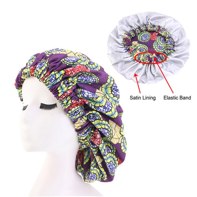 African Print Satin Bonnet With Long Ribbon Wrap Double Layer Headwrap Ankara Pattern Women Hair Cover Large Size Hair Wrap Cap