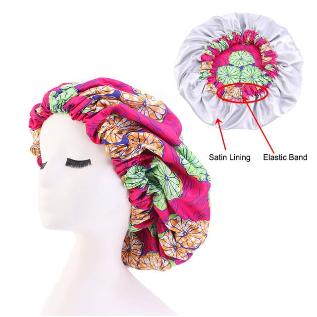 African Print Satin Bonnet With Long Ribbon Wrap Double Layer Headwrap Ankara Pattern Women Hair Cover Large Size Hair Wrap Cap