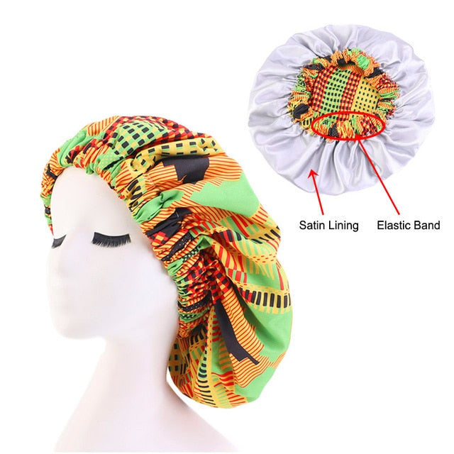 African Print Satin Bonnet With Long Ribbon Wrap Double Layer Headwrap Ankara Pattern Women Hair Cover Large Size Hair Wrap Cap