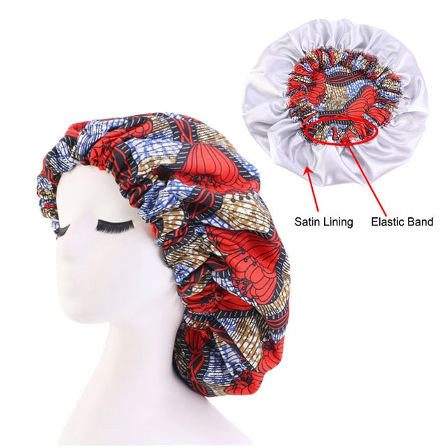 African Print Satin Bonnet With Long Ribbon Wrap Double Layer Headwrap Ankara Pattern Women Hair Cover Large Size Hair Wrap Cap