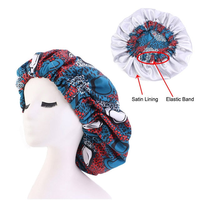 African Print Satin Bonnet With Long Ribbon Wrap Double Layer Headwrap Ankara Pattern Women Hair Cover Large Size Hair Wrap Cap