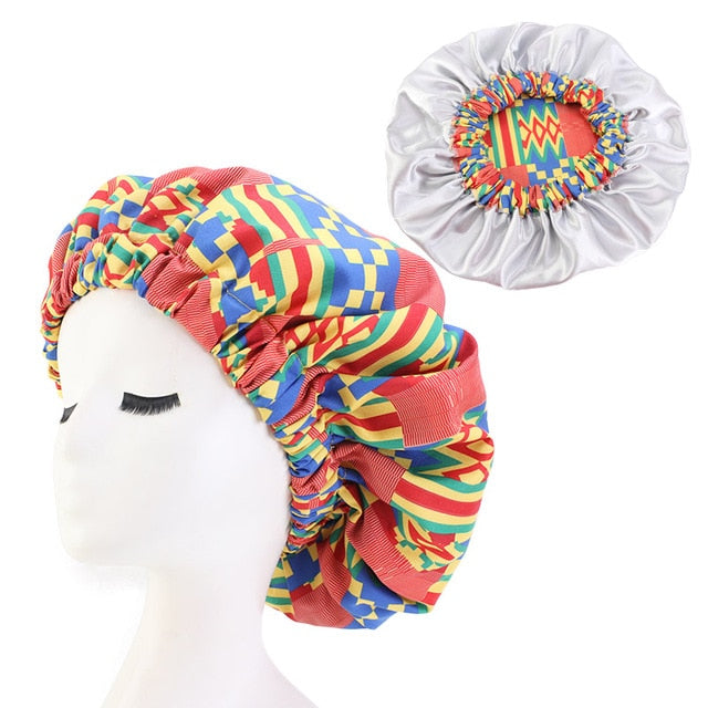 African Print Satin Bonnet With Long Ribbon Wrap Double Layer Headwrap Ankara Pattern Women Hair Cover Large Size Hair Wrap Cap