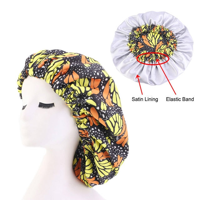 African Print Satin Bonnet With Long Ribbon Wrap Double Layer Headwrap Ankara Pattern Women Hair Cover Large Size Hair Wrap Cap