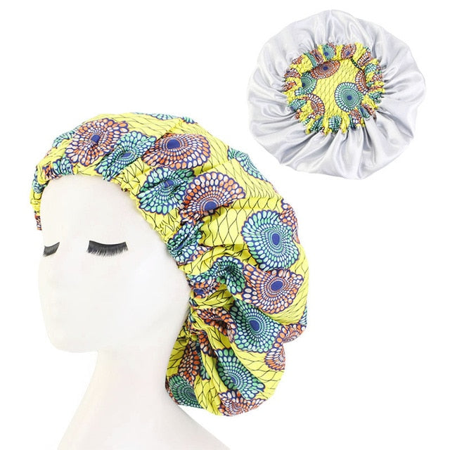 African Print Satin Bonnet With Long Ribbon Wrap Double Layer Headwrap Ankara Pattern Women Hair Cover Large Size Hair Wrap Cap