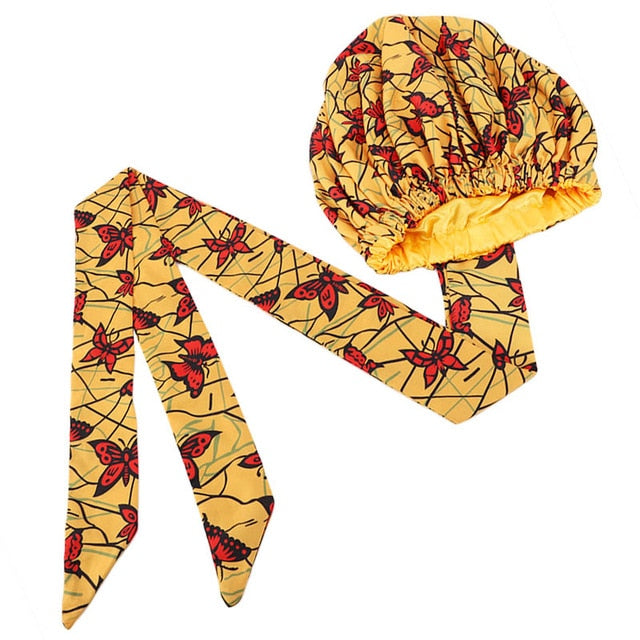 African pattern satin linned bonnet With Long Ribbon headwrap Double Layer Headwrap headscarf Ankara Big Size Women Hair Cover