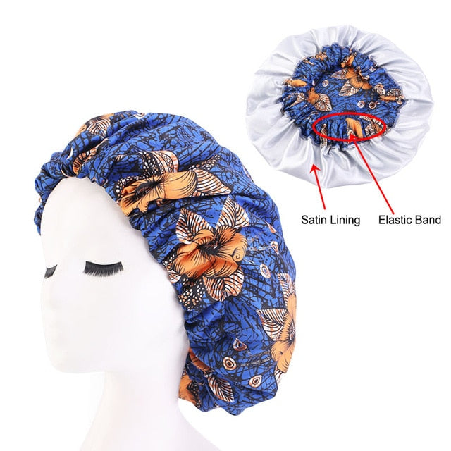 African pattern satin linned bonnet With Long Ribbon headwrap Double Layer Headwrap headscarf Ankara Big Size Women Hair Cover