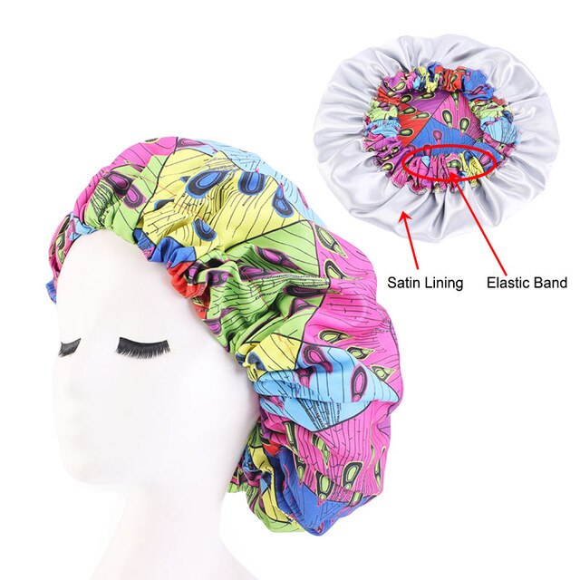 African pattern satin linned bonnet With Long Ribbon headwrap Double Layer Headwrap headscarf Ankara Big Size Women Hair Cover