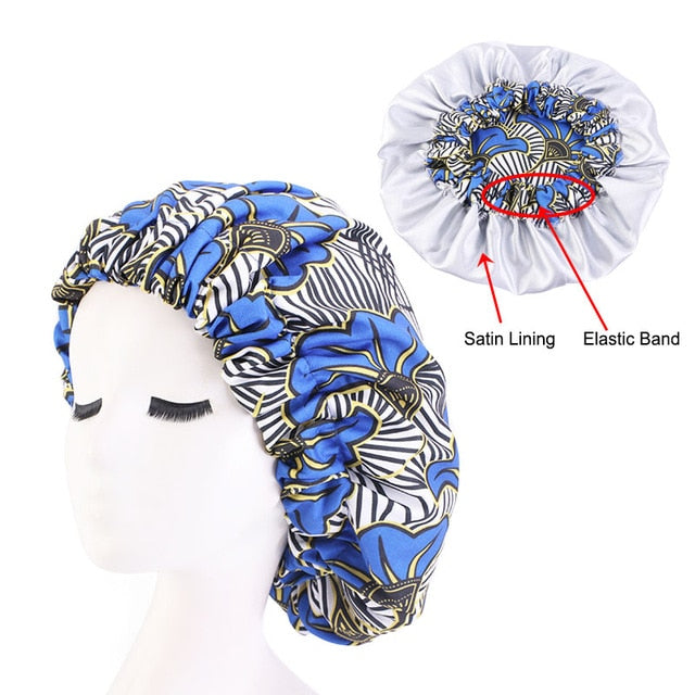 African pattern satin linned bonnet With Long Ribbon headwrap Double Layer Headwrap headscarf Ankara Big Size Women Hair Cover