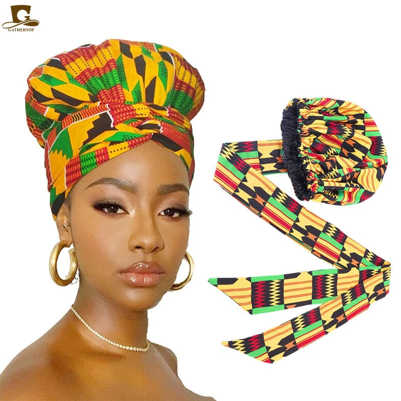 African pattern satin linned bonnet With Long Ribbon headwrap Double Layer Headwrap headscarf Ankara Big Size Women Hair Cover