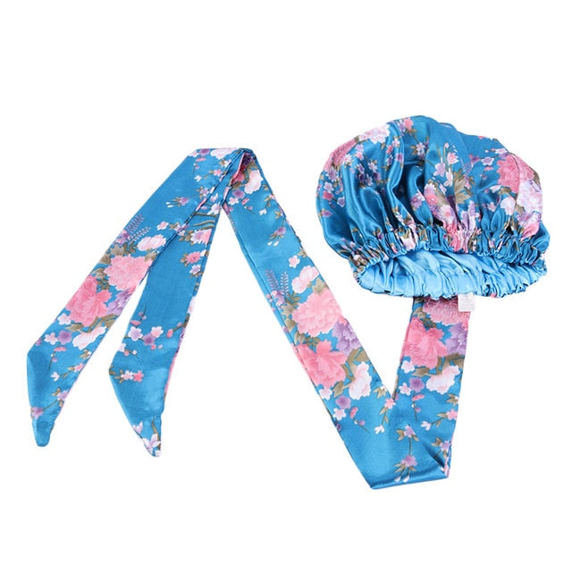 African pattern satin linned bonnet With Long Ribbon headwrap Double Layer Headwrap headscarf Ankara Big Size Women Hair Cover