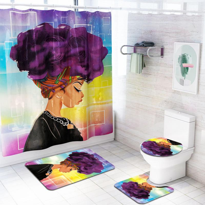1pcs/3pcs/4pcs Set New Colorful African Women Printing Toilet Pad Cover Bath Mat Shower Curtain Set Restroom Toilet Accessories