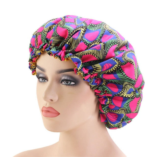 African pattern satin linned bonnet With Long Ribbon headwrap Double Layer Headwrap headscarf Ankara Big Size Women Hair Cover