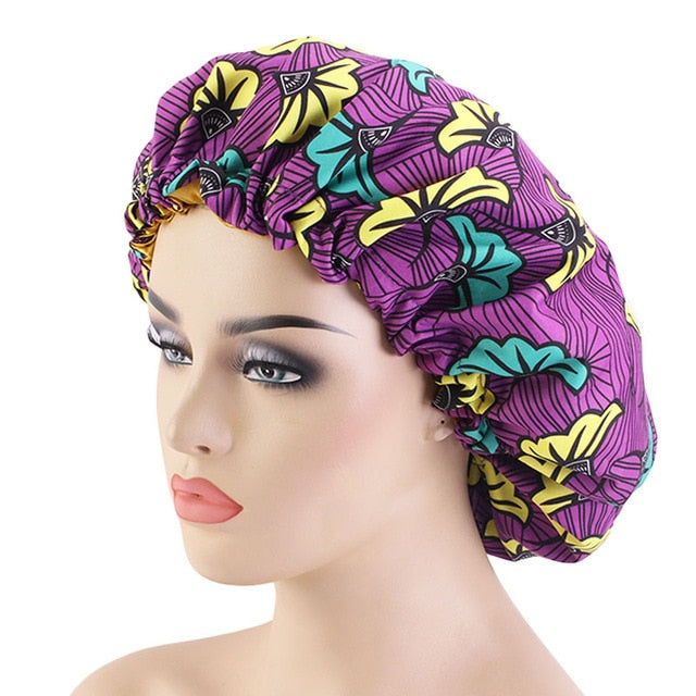 African pattern satin linned bonnet With Long Ribbon headwrap Double Layer Headwrap headscarf Ankara Big Size Women Hair Cover