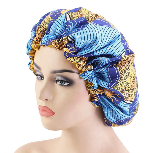 African pattern satin linned bonnet With Long Ribbon headwrap Double Layer Headwrap headscarf Ankara Big Size Women Hair Cover