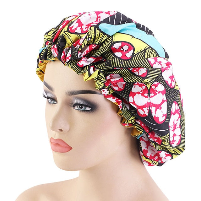 African pattern satin linned bonnet With Long Ribbon headwrap Double Layer Headwrap headscarf Ankara Big Size Women Hair Cover