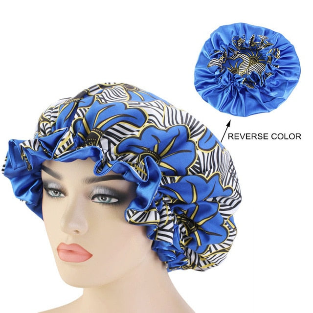 African pattern satin linned bonnet With Long Ribbon headwrap Double Layer Headwrap headscarf Ankara Big Size Women Hair Cover