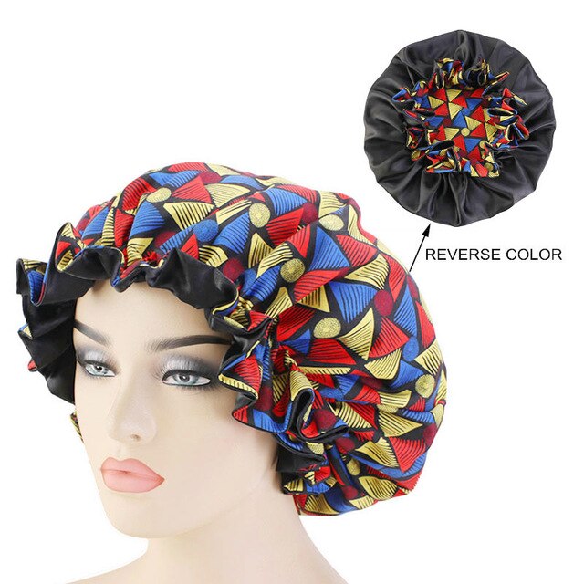 African pattern satin linned bonnet With Long Ribbon headwrap Double Layer Headwrap headscarf Ankara Big Size Women Hair Cover