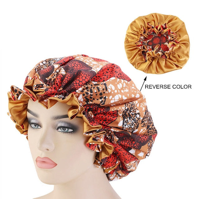 African pattern satin linned bonnet With Long Ribbon headwrap Double Layer Headwrap headscarf Ankara Big Size Women Hair Cover