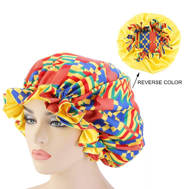 African pattern satin linned bonnet With Long Ribbon headwrap Double Layer Headwrap headscarf Ankara Big Size Women Hair Cover