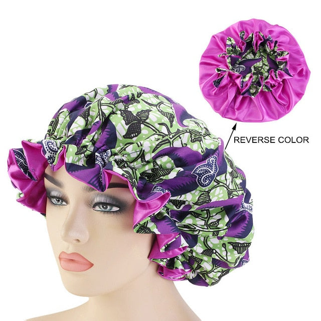 African pattern satin linned bonnet With Long Ribbon headwrap Double Layer Headwrap headscarf Ankara Big Size Women Hair Cover