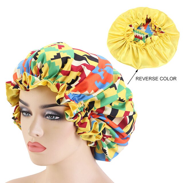 African pattern satin linned bonnet With Long Ribbon headwrap Double Layer Headwrap headscarf Ankara Big Size Women Hair Cover