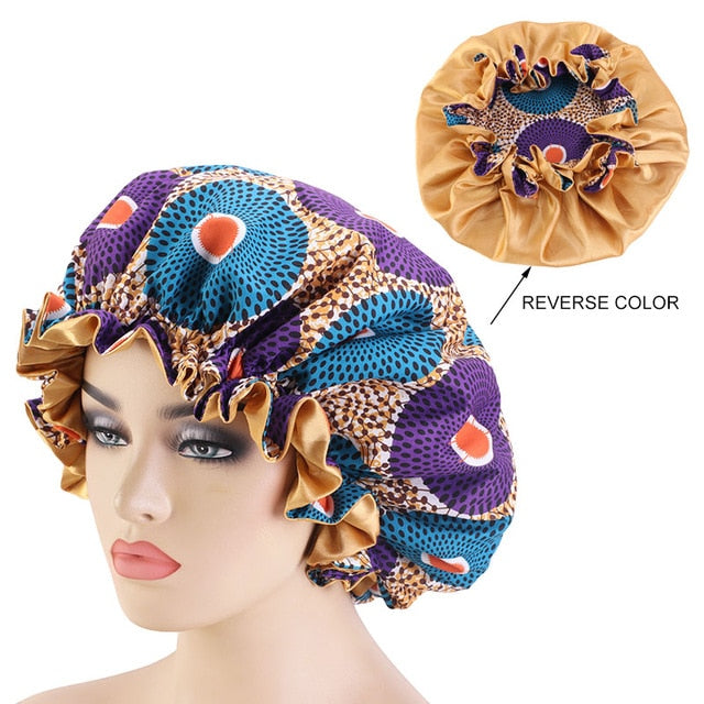 African pattern satin linned bonnet With Long Ribbon headwrap Double Layer Headwrap headscarf Ankara Big Size Women Hair Cover