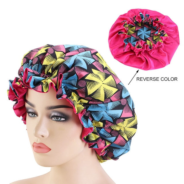 African pattern satin linned bonnet With Long Ribbon headwrap Double Layer Headwrap headscarf Ankara Big Size Women Hair Cover