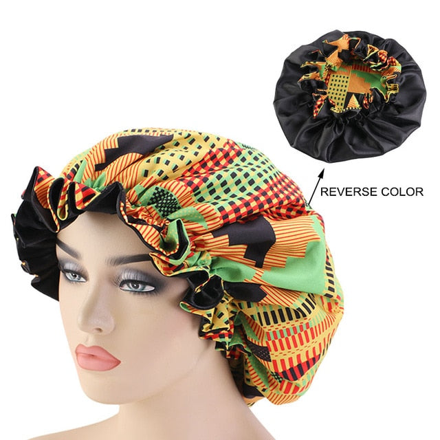 African pattern satin linned bonnet With Long Ribbon headwrap Double Layer Headwrap headscarf Ankara Big Size Women Hair Cover