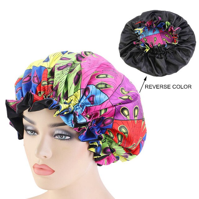 African pattern satin linned bonnet With Long Ribbon headwrap Double Layer Headwrap headscarf Ankara Big Size Women Hair Cover