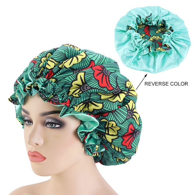 African pattern satin linned bonnet With Long Ribbon headwrap Double Layer Headwrap headscarf Ankara Big Size Women Hair Cover