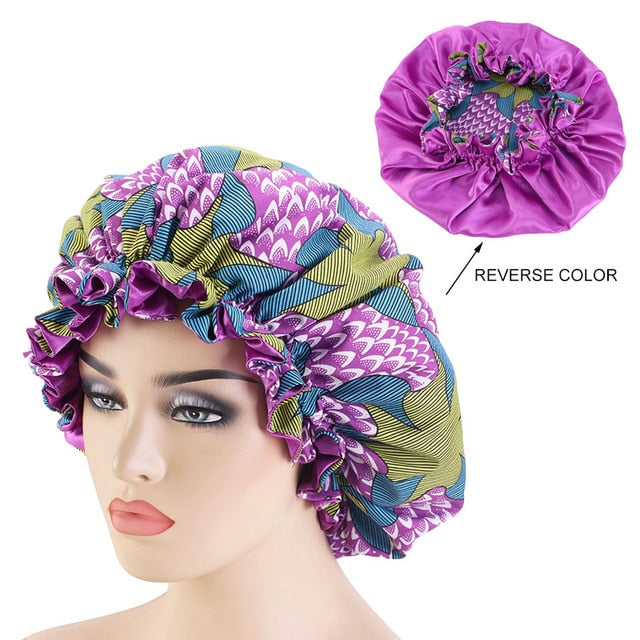 African pattern satin linned bonnet With Long Ribbon headwrap Double Layer Headwrap headscarf Ankara Big Size Women Hair Cover