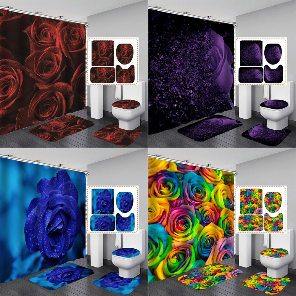 Beautiful Colorful Rose Shower Curtain Bathroom Curtains Set Purple Flowers Pedestal Rug Lid Toilet Cover Mat with 12 Hooks