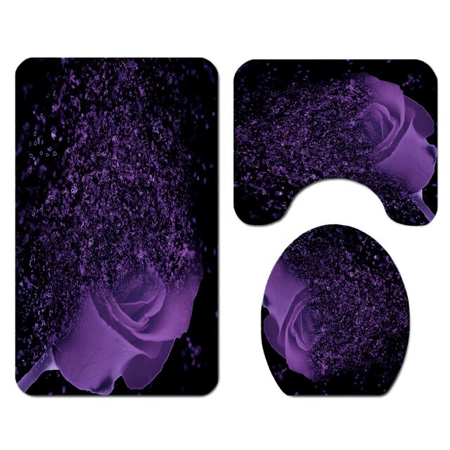 Beautiful Colorful Rose Shower Curtain Bathroom Curtains Set Purple Flowers Pedestal Rug Lid Toilet Cover Mat with 12 Hooks